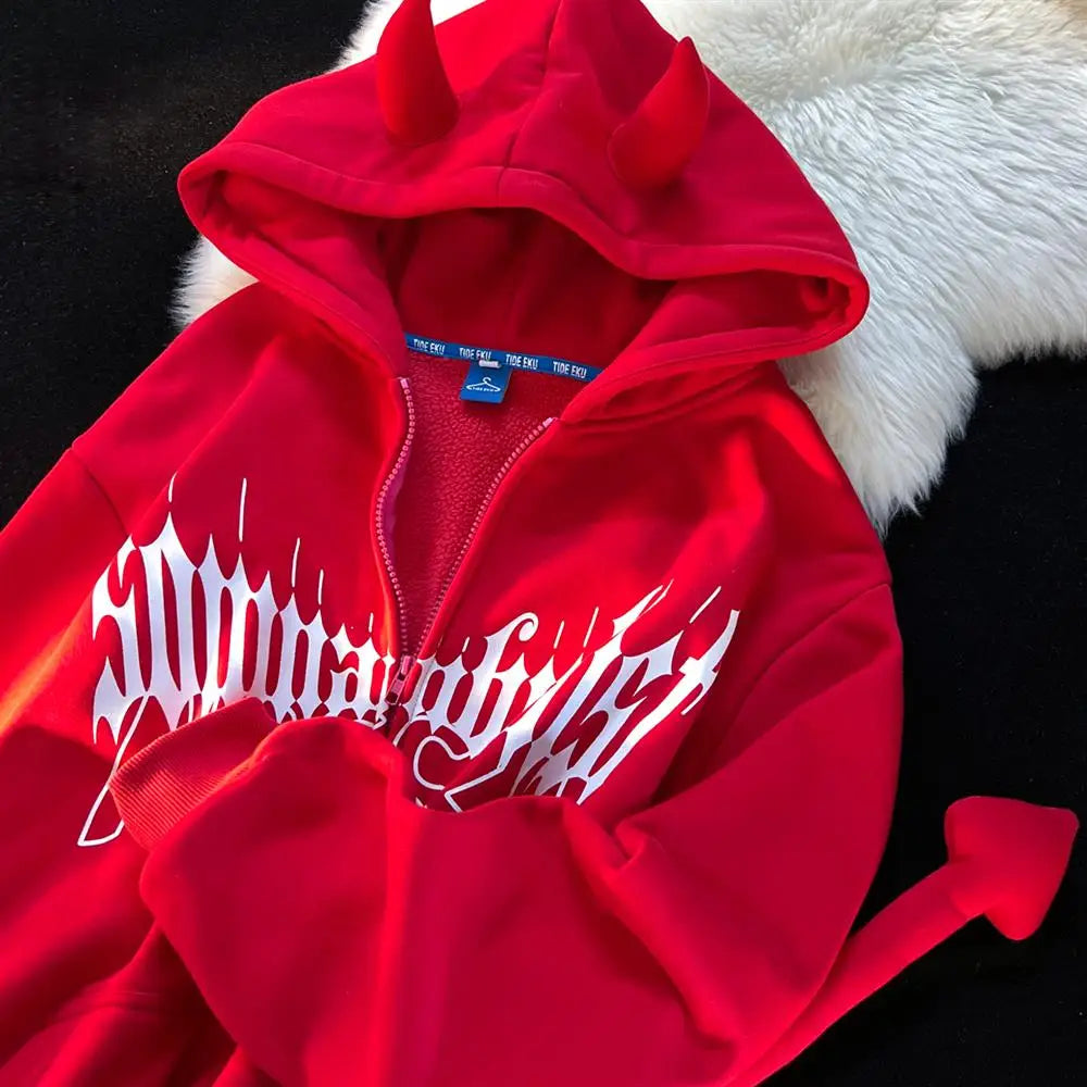 Y2K Kawaii Devil Horn Tail Hip Hop Badge Print Hoodies Cardigan Couples Street Loose Casual Zip Up Sweatshirt Harajuku Clothes Street King Limited