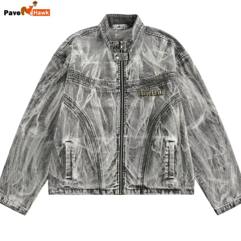autumn high street washed denim jacket mens vintage graffiti printing stand collar motorcycle coats patchwork punk cowboy tops vintage washed jeans