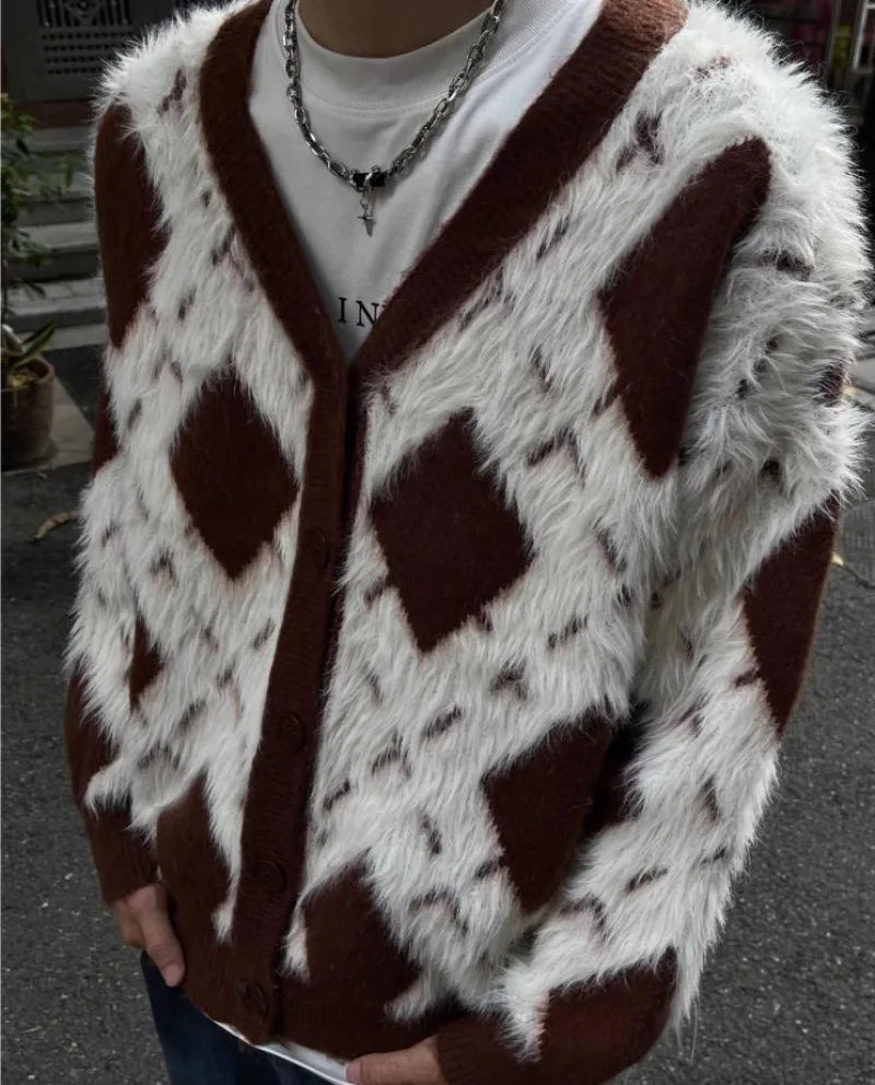 2024 New College Casual Mens Cardigan Autumn Diamond Grid Color Block Street Unisex Knitted Jacket Loose V-neck Sweater Coats Street King Limited