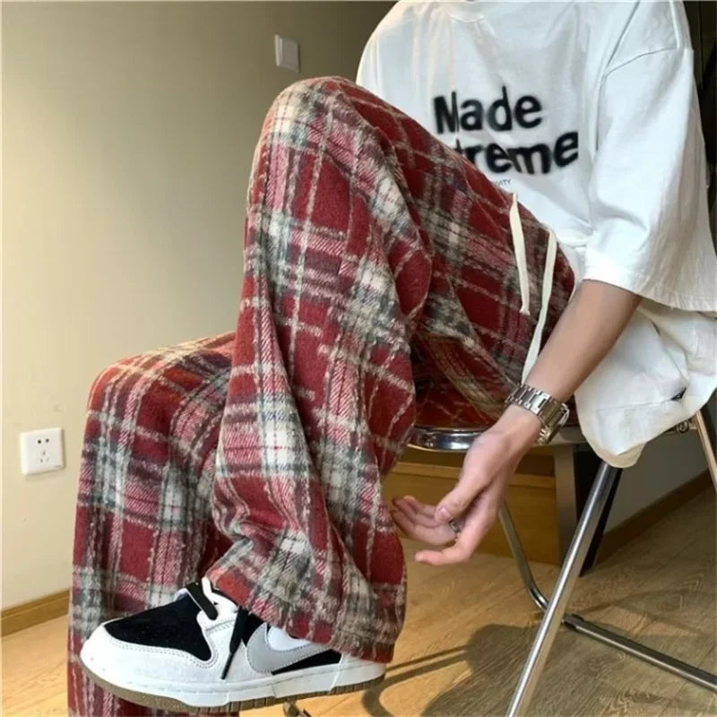 new mens y2k plaid casual baggy trousers autumn korean fashion straight woolen pants y2k vintage streetwear pantalones hombre unique default style 408