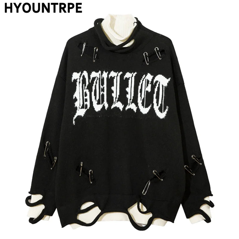 Men Knitted Sweater Harajuku Fake Two Pieces Loose Sweater Casual Ripped Holes Shoulder Long Sleeve Pullover Streetwear Sweaters Street King Limited