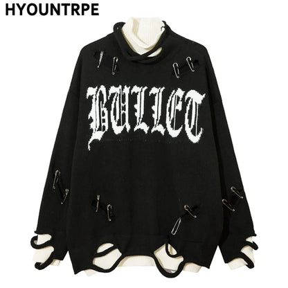Men Knitted Sweater Harajuku Fake Two Pieces Loose Sweater Casual Ripped Holes Shoulder Long Sleeve Pullover Streetwear Sweaters Street King Limited