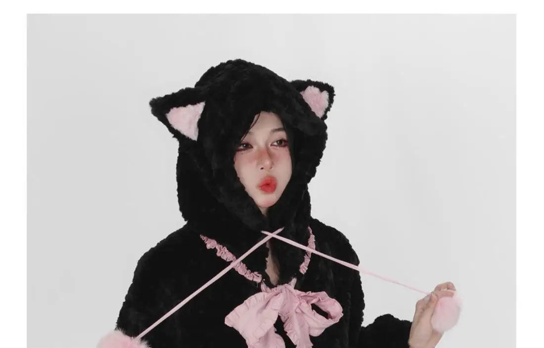 Harajuku Little WildCat Hoodies Women Bodysuit Black Tie Bowknot Cute Loose Goth Coat Y2k Style Kawaii Winter Clothes Women Street King Limited