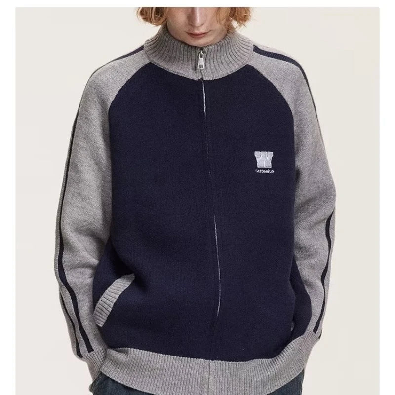 2023 College Vintage Knit Cardigan Men Harajuku Letter Print Patchwork Sweater Casual Loose Zipper Pull Homme Spring Autumn Street King Limited