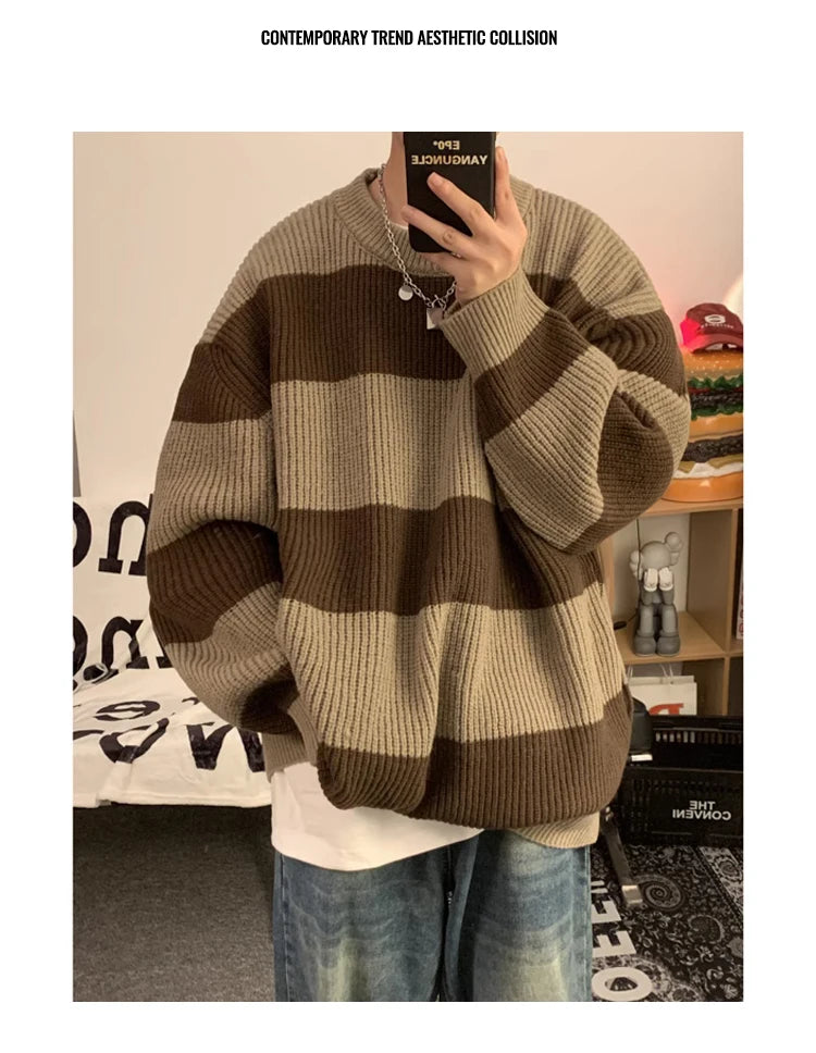 2023 striped sweaters lazy mens knitwear autumn and winter new outerwear trendy brand high end thread clothing men pullover unique default style 696