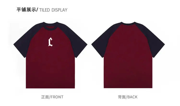 American summer personalized retro creative short-sleeved T-shirt for men new Korean style splicing raglan sleeves for couples Street King Limited