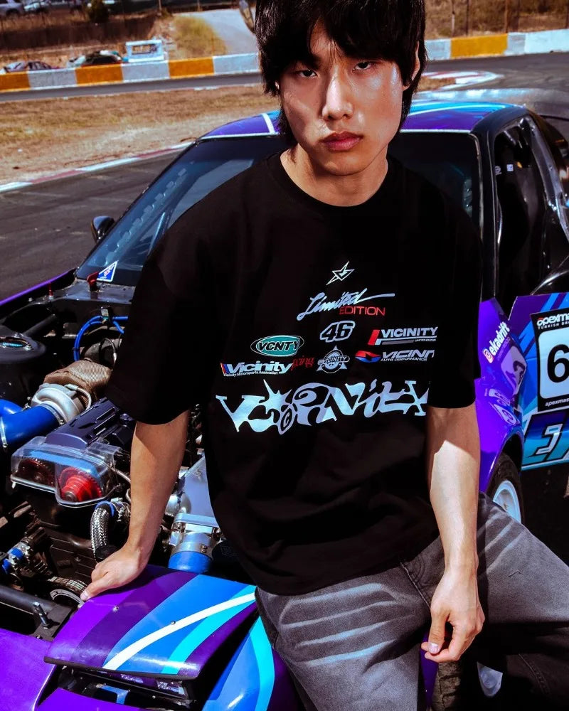 European and American New Racing Letter Printed Oversized Short-sleeved Tops Men Y2k Harajuku Retro Fashion Loose T-shirts Women Street King Limited