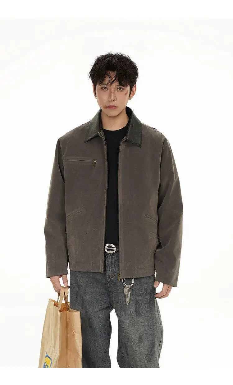 2025 american streetwear retro leather collar bomber jacket men loose casual fashion short cargo jacket spring autumn coat unique cargo style 454