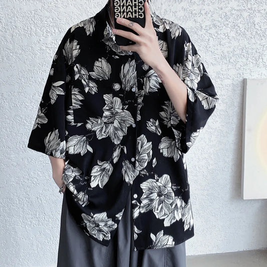 Summer Flower Shirt Men Fashion Printed Ice Silk Shirt Men Streetwear Loose Short Sleeve Shirt Mens Oversized Hawaiian Shirt Street King Limited