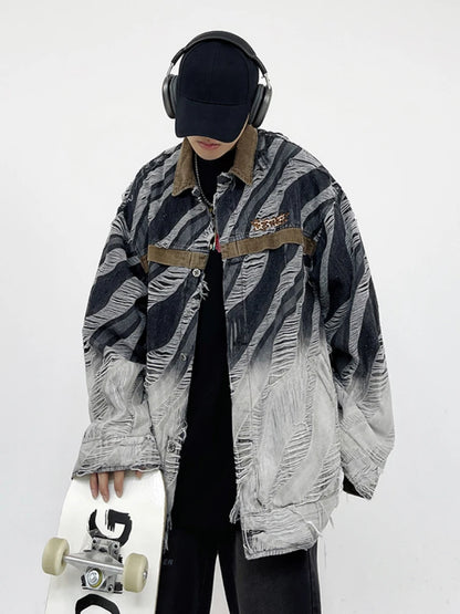 zebra printed harajuku denim jacket and coat mens hip hop patchwork ripped holes jeans outerwear casual streetwear jeans jackets stacked flare jeans