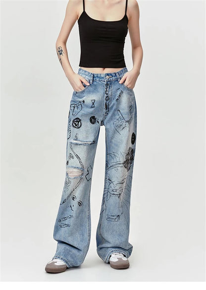 men baggy ripped jeans graffiti printed straight denim pants distressed jeans male streetwear hip hop jeans trousers y2k unique jeans style 5508
