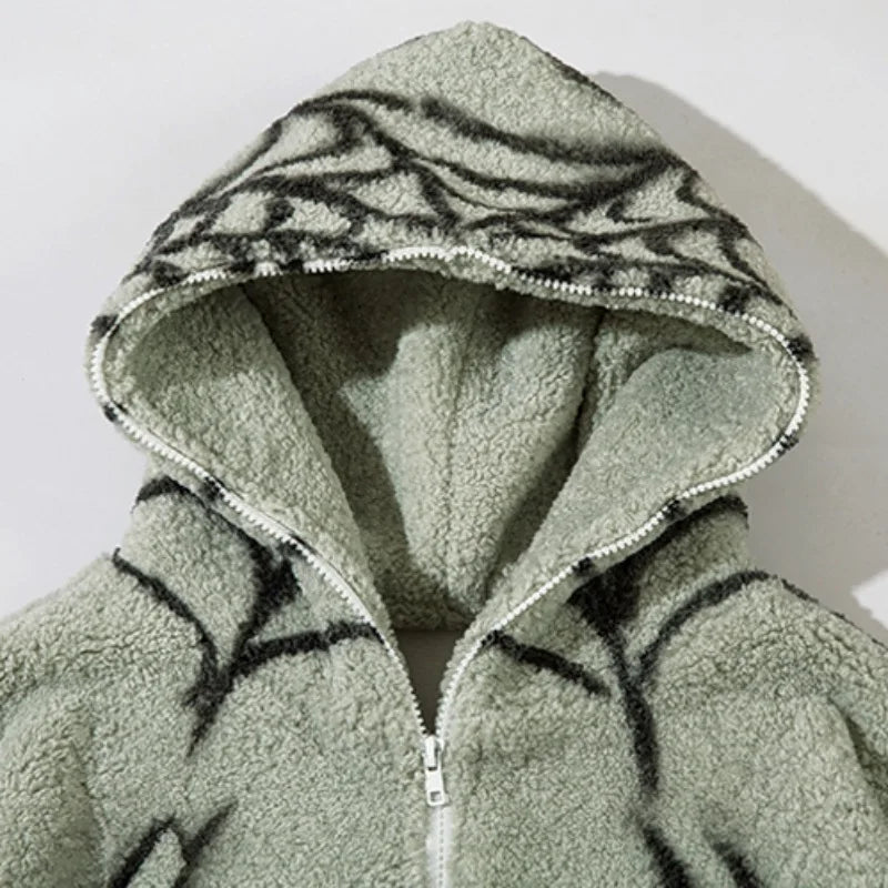 mens harajuku spider graffiti fleece jackets and coats hairy zipper hooded outerwear warm streetwear parkas loose bomber jacket minimalist street pants