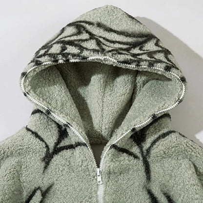 mens harajuku spider graffiti fleece jackets and coats hairy zipper hooded outerwear warm streetwear parkas loose bomber jacket minimalist street pants