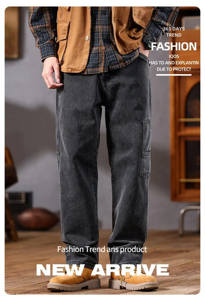 men retro fashion streetwear loose casual plus size straight denim cargo jeans pants man black gray jeans trousers unique cargo style 1841