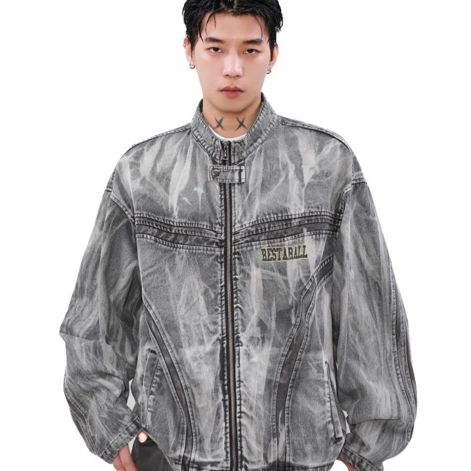 autumn high street washed denim jacket mens vintage graffiti printing stand collar motorcycle coats patchwork punk cowboy tops unique jeans style 3568