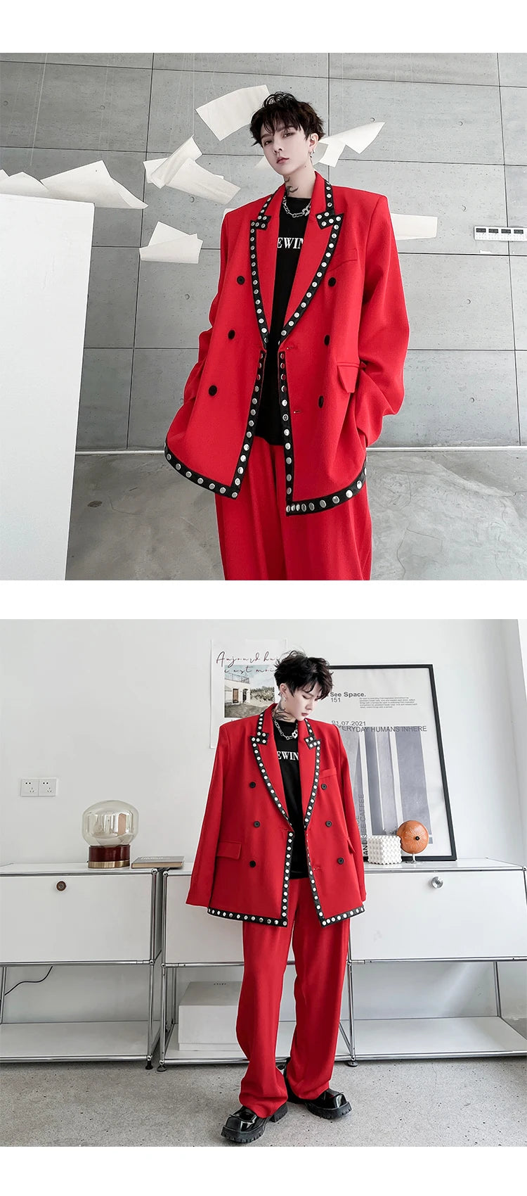 men streetwear fashion loose casual rivet hip hop party dress 2 piece suits blazers jacket pant sets stage clothing costume unique default style 1522