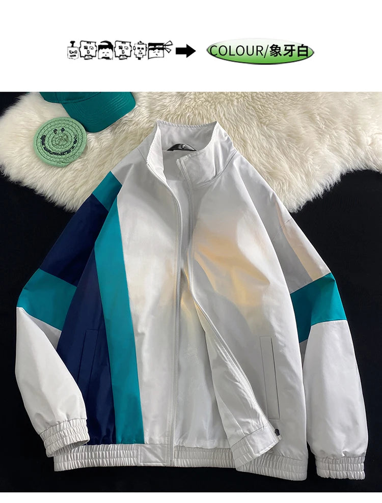 2024 spring mens standing collar jacket patchwork loose windbreaker zipper sports outdoor jackets unisex punching jacket unique default style 5477