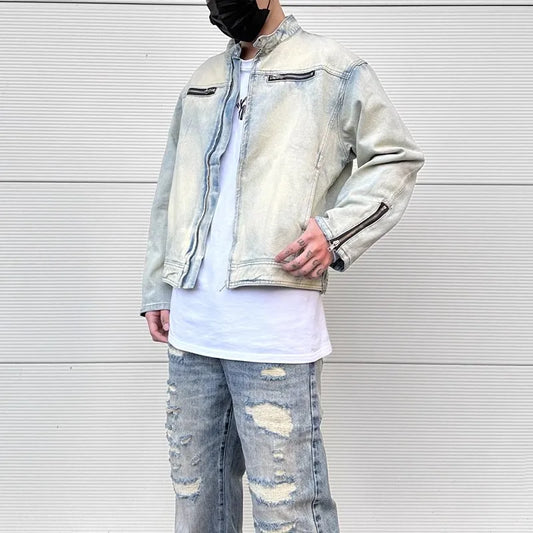 y2k streetwear washed biker jeans jackets for men and women zipper pocket ropa hombre windbreaker denim coat oversized vintage washed jeans