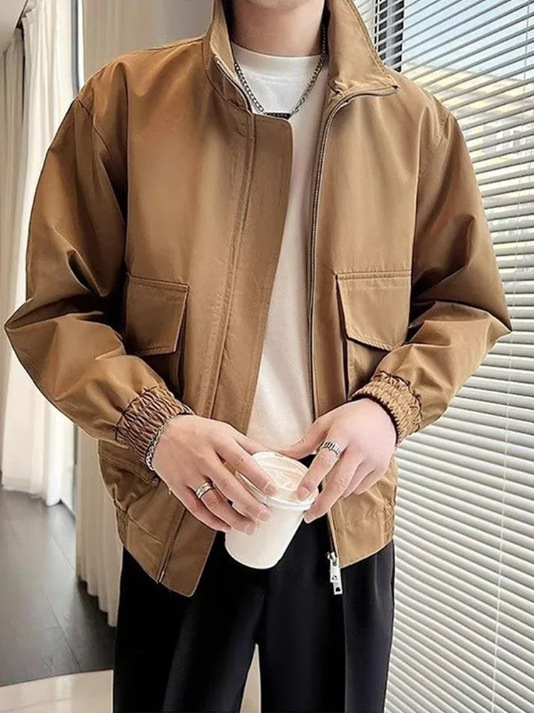 autumn solid color cargo jackets for men new korean fashion zipper cardigan coats stand collar streetwear bomber jacket hombre unique cargo style 1668