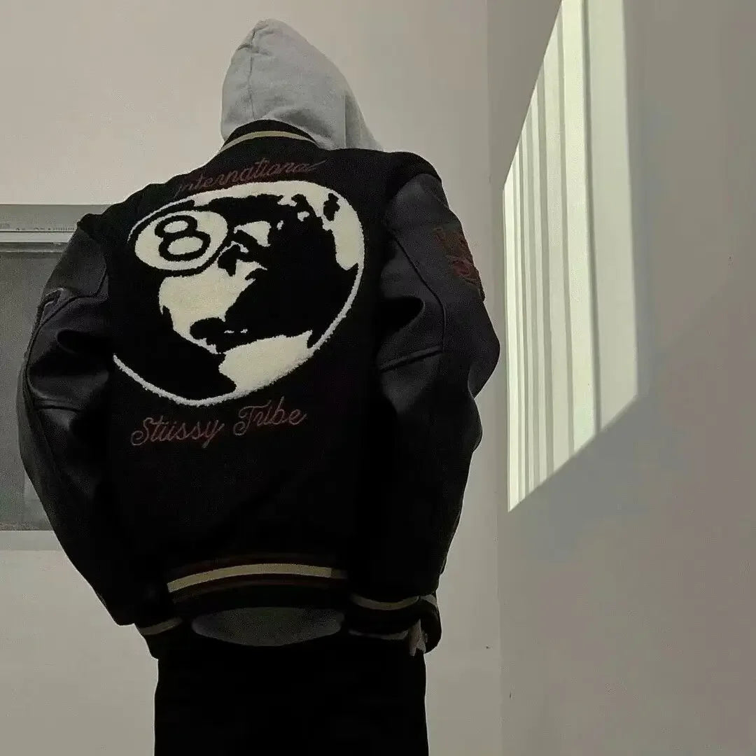 american retro high street embroidered jacket splicing print black eight baseball jacket 2024street wear baseball uniform jacket clean everyday pants