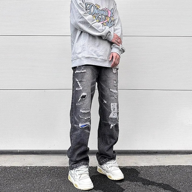 y2k frayed hole damaged washed black baggy jeans for men streetwear straight casual denim trousers ropa hombre loose cargo pants unique cargo style 2452