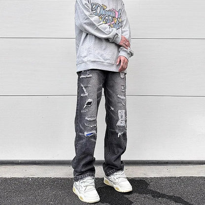 y2k frayed hole damaged washed black baggy jeans for men streetwear straight casual denim trousers ropa hombre loose cargo pants unique cargo style 2452