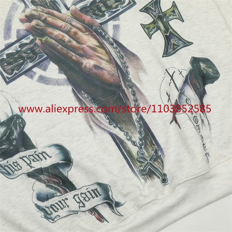 2024s Vintage Hoodie Sweatshirt Autumn/Winter High Street High Quality Cartoon Cross White Pigeon Print Oversize Tops Casual Street King Limited