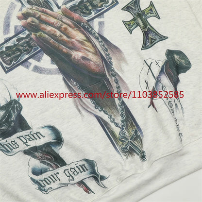 2024s Vintage Hoodie Sweatshirt Autumn/Winter High Street High Quality Cartoon Cross White Pigeon Print Oversize Tops Casual Street King Limited