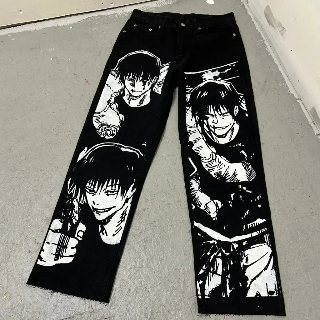 harajuku high street y2k baggy jeans punk popular print wide leg denim pants jeans streetwear trouser men clothing stacked flare jeans