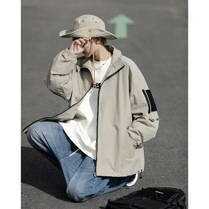 Outdoor Mens Charge Jacket Retro Loose Stand Collar Waterproof Tooling Coats Thin Color Blocked Zipper Hiking Windbreaker Street King Limited