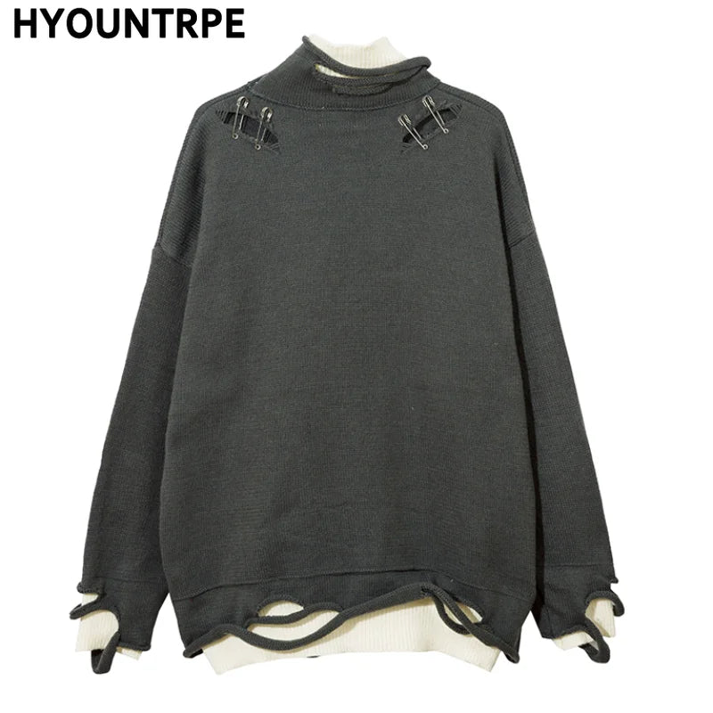 Men Knitted Sweater Harajuku Fake Two Pieces Loose Sweater Casual Ripped Holes Shoulder Long Sleeve Pullover Streetwear Sweaters Street King Limited