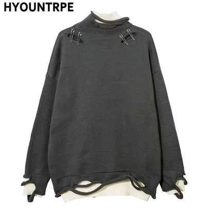 Men Knitted Sweater Harajuku Fake Two Pieces Loose Sweater Casual Ripped Holes Shoulder Long Sleeve Pullover Streetwear Sweaters Street King Limited
