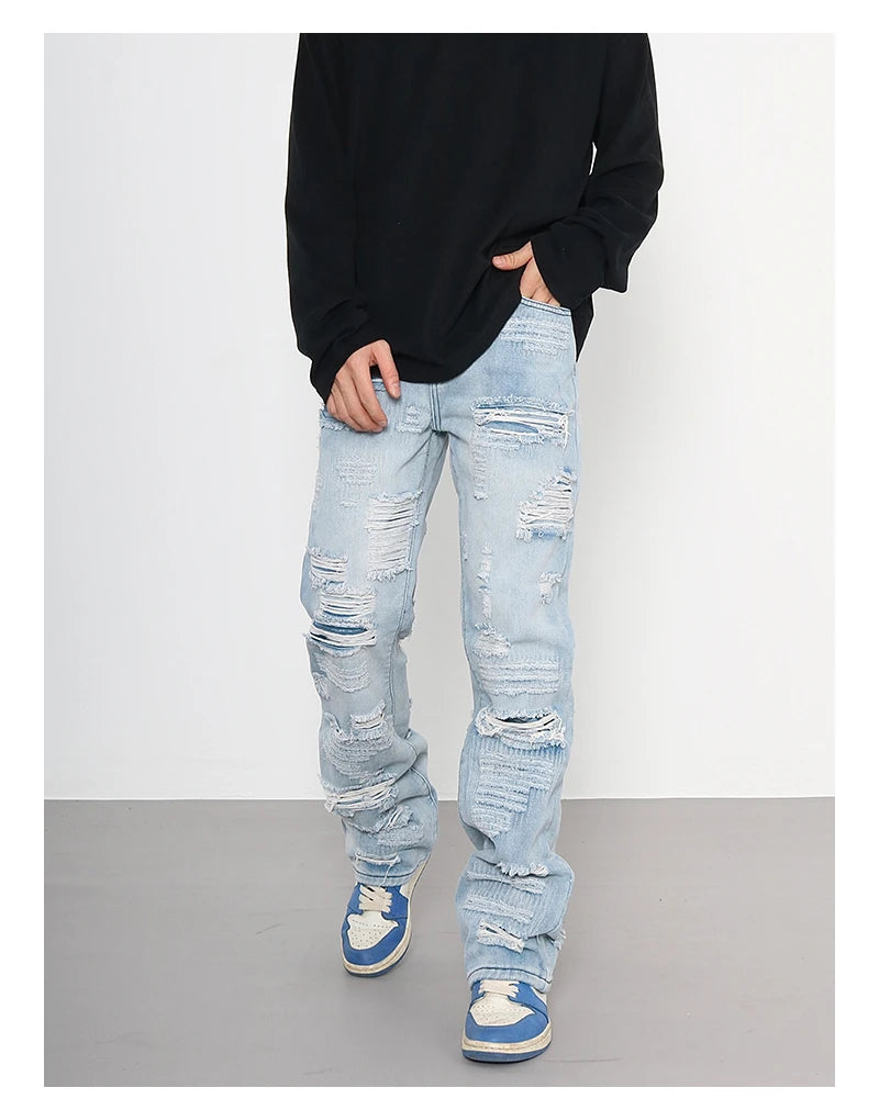 men distressed ripped destroied holes denim jean pants fashion zipper biker jeans streetwear flare pants joggers y2k men s jeans unique joggers style 2788