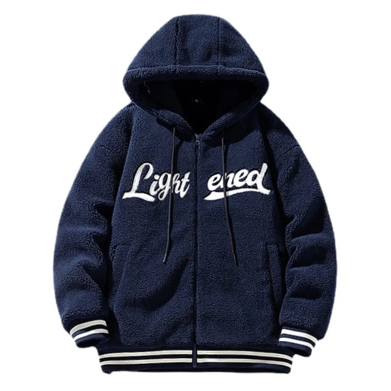 men fleece jackets and coats casual letter embroidery hairy zipper hooded outerwear warm streetwear parkas loose bomber jacket unique default style 3457