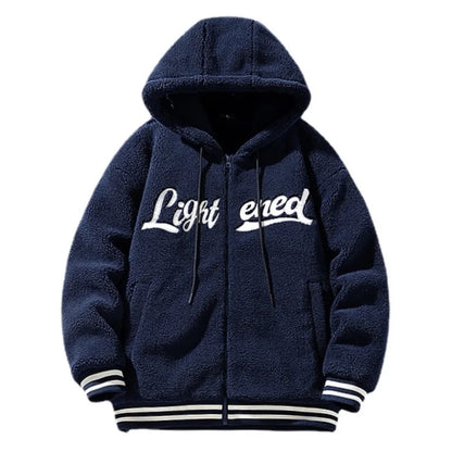 men fleece jackets and coats casual letter embroidery hairy zipper hooded outerwear warm streetwear parkas loose bomber jacket unique default style 3457