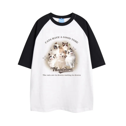 Cotton Cute Cat Graphic T shirt Summer Fashion Loose Women Vintage Personality Fresh art kawaii clothes Short Sleeve Tops Street King Limited