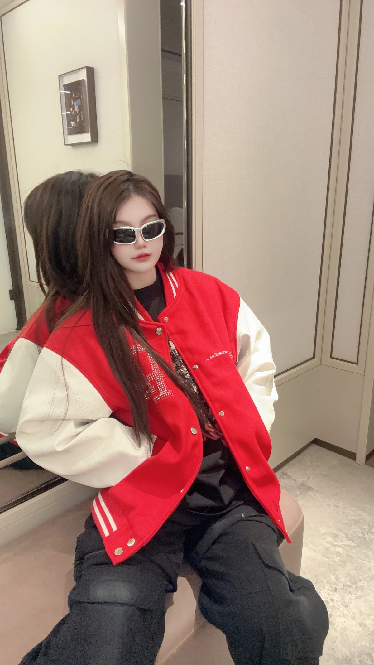 2024 hotselling high street pearl red hot stamping splicing checkered leather sleeves baseball jacket coat urban fashion pants