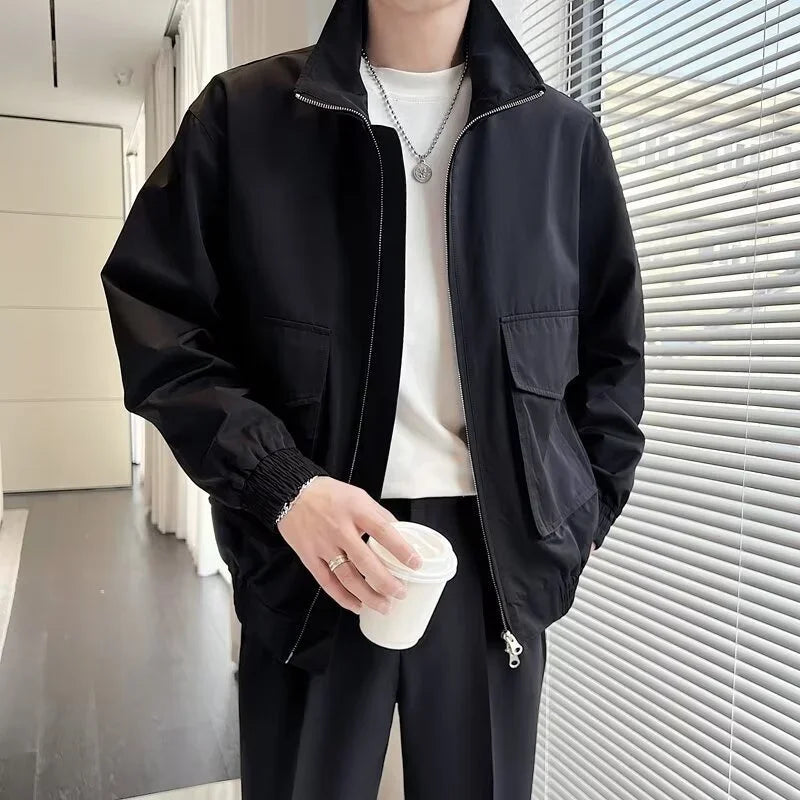 autumn solid color cargo jackets for men new korean fashion zipper cardigan coats stand collar streetwear bomber jacket hombre combat utility trousers