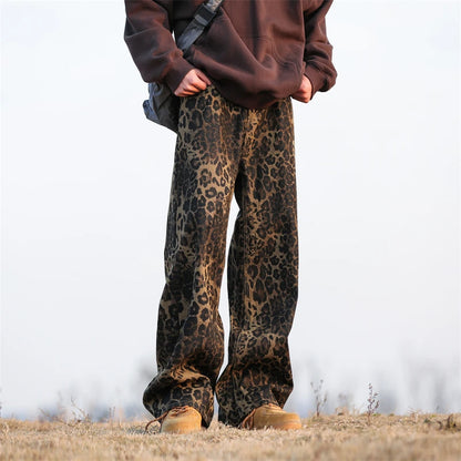 Leopard Print Jeans Men Fashion Retro Wide Leg Jeans Men Streetwear Hip-hop Loose Straight Jeans Mens Vintage Denim Trousers Street King Limited
