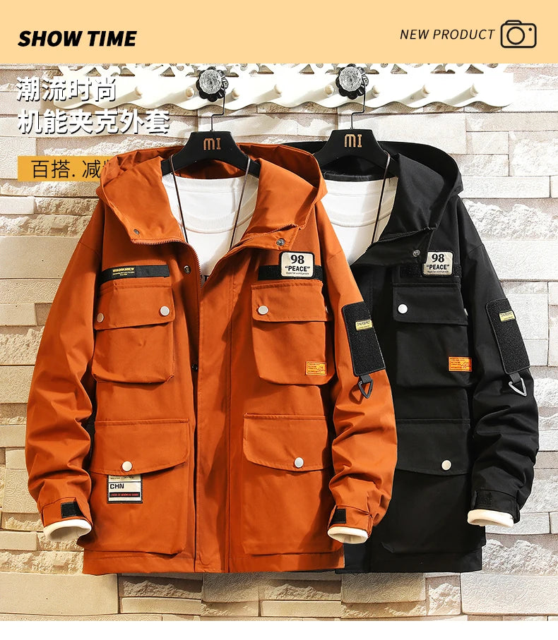 men jacket multi pockets hooded outwear korean fashion patch jackets zipper coats retro techwear oversize men clothing unique default style 375