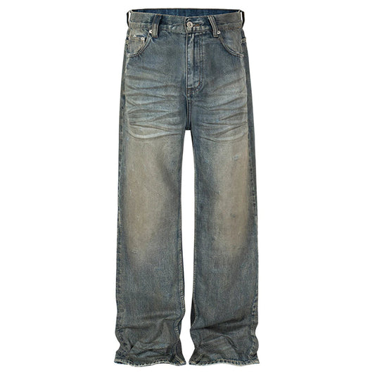 vintage men jeans blue baggy denim pants dirty washed retro loose straight jeans trousers stacked flare jeans