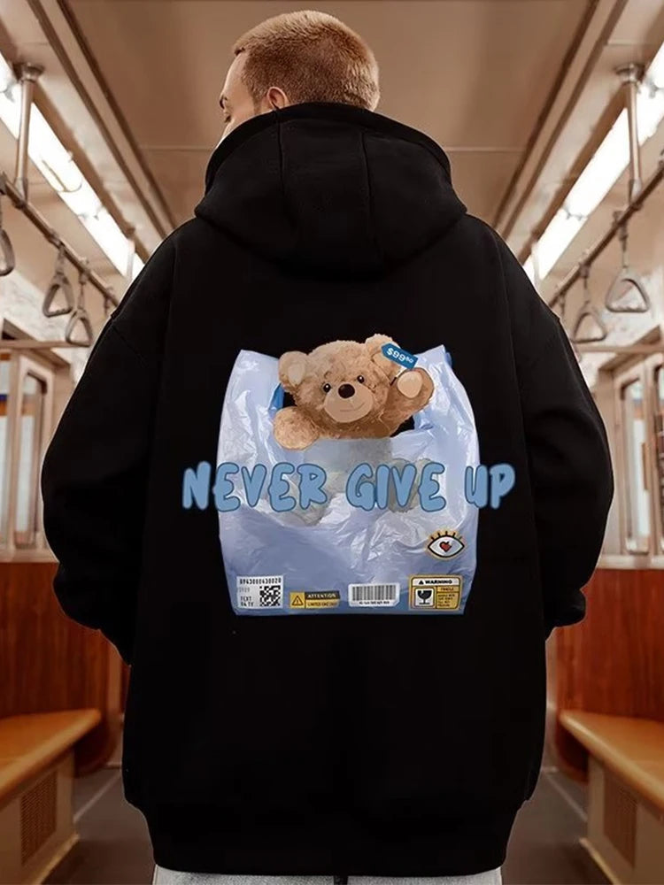 New Never Give Up Bear Printed Hoodies For Men Hip Hop Streetwear Pocket Pullover Sweatshirts Autumn Y2K Vintage Fleece Hoodie Street King Limited