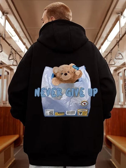 New Never Give Up Bear Printed Hoodies For Men Hip Hop Streetwear Pocket Pullover Sweatshirts Autumn Y2K Vintage Fleece Hoodie Street King Limited