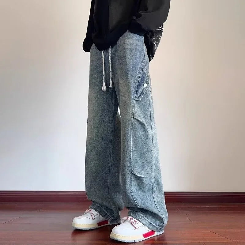 2025 new hip hop multi pockets straight jeans for men high street cargo denim pants spring y2k vintage distressed baggy jean baggy cargo bottoms