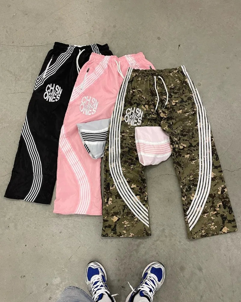 american high street fashion striped letter printed trousers men y2k harajuku retro personality casual oversized wide leg pants menswear bottoms
