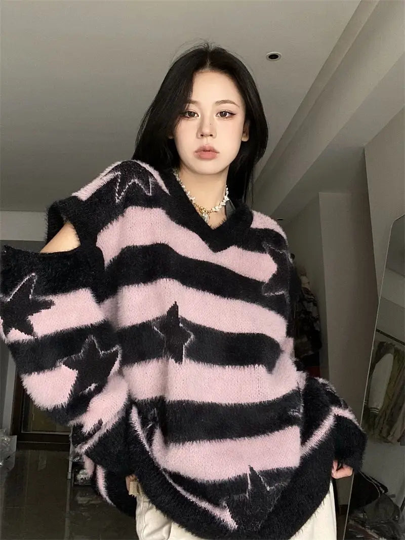 Punk Gothic Long Sweater Women Furry Knitted Sweaters Y2K Streetwear Loose Hollow Out Detachable Pullovers Harajuku Sexy Tops Street King Limited