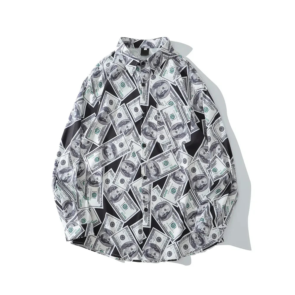 Dark Icon US Dollar Full Printed Shirts Men Turn-down Collar Casual Men's Shirt Logn Sleeve Man Clothing Street King Limited