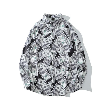 Dark Icon US Dollar Full Printed Shirts Men Turn-down Collar Casual Men's Shirt Logn Sleeve Man Clothing Street King Limited