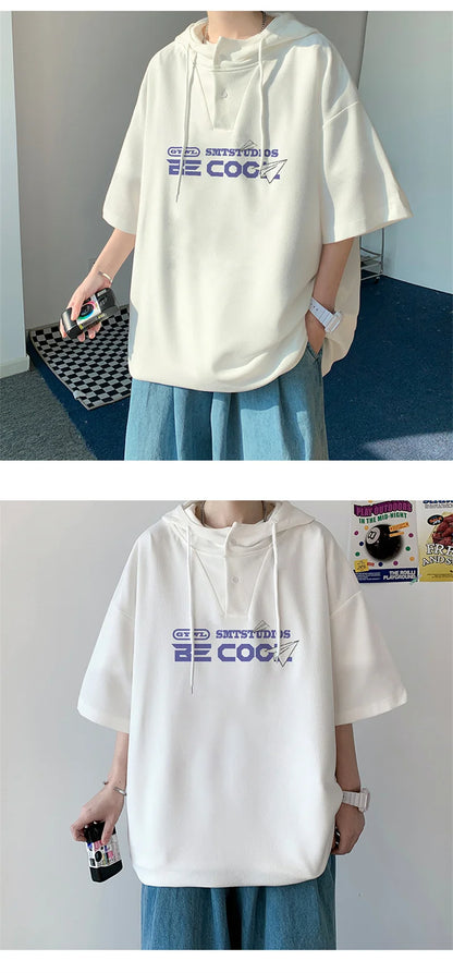 New Men's Casual Hooded Y2K T-Shirt Summer Short Sleeve Letter Printed T Shirts Hombre Oversized Hip Hop Fashion Gym Tee Tops Street King Limited