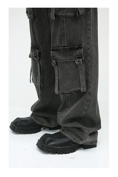 multi pocket cargo jeans men korean fashion loose straight denim pants unique cargo style 515
